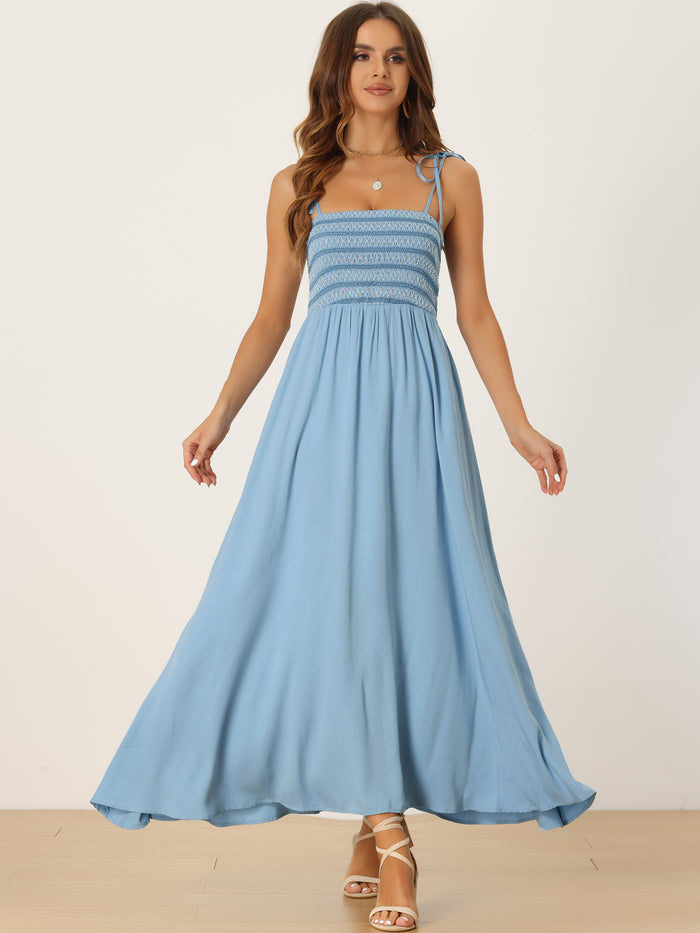 allegra k Smocked Shirred Square Neck Boho Spaghetti Strap Long Maxi Dress Sundress