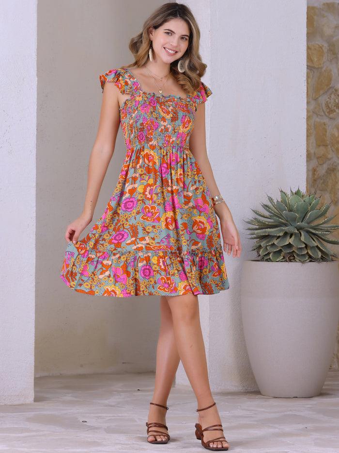 Allegra K Smocked Square Neck Ruffle Floral Midi Dress