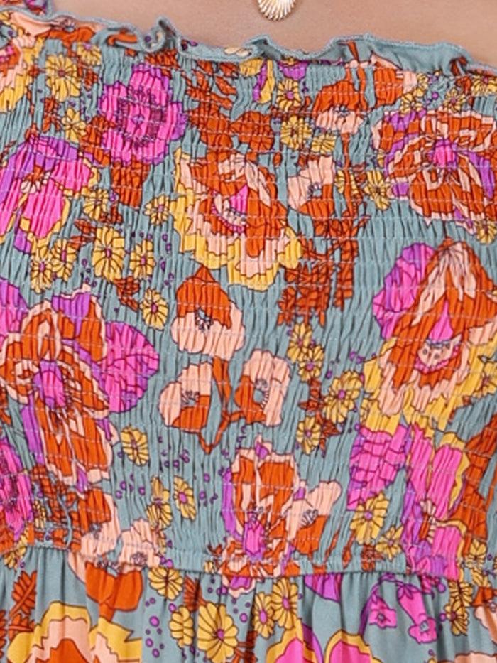 Allegra K Smocked Square Neck Ruffle Floral Midi Dress