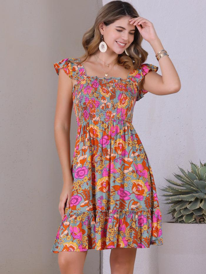 allegra k Smocked Square Neck Ruffle Floral Midi Dress