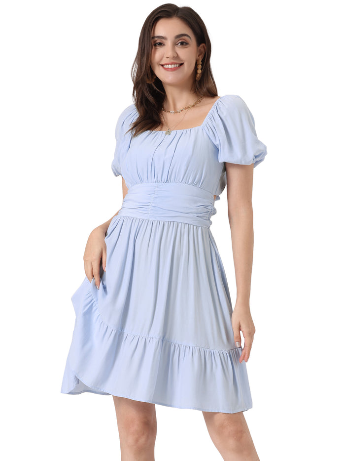 Allegra K Smocked Summer Casual Bow Tie Back Ruffle A-Line Mini Dress