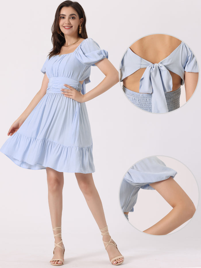 allegra k Smocked Summer Casual Bow Tie Back Ruffle A-Line Mini Dress