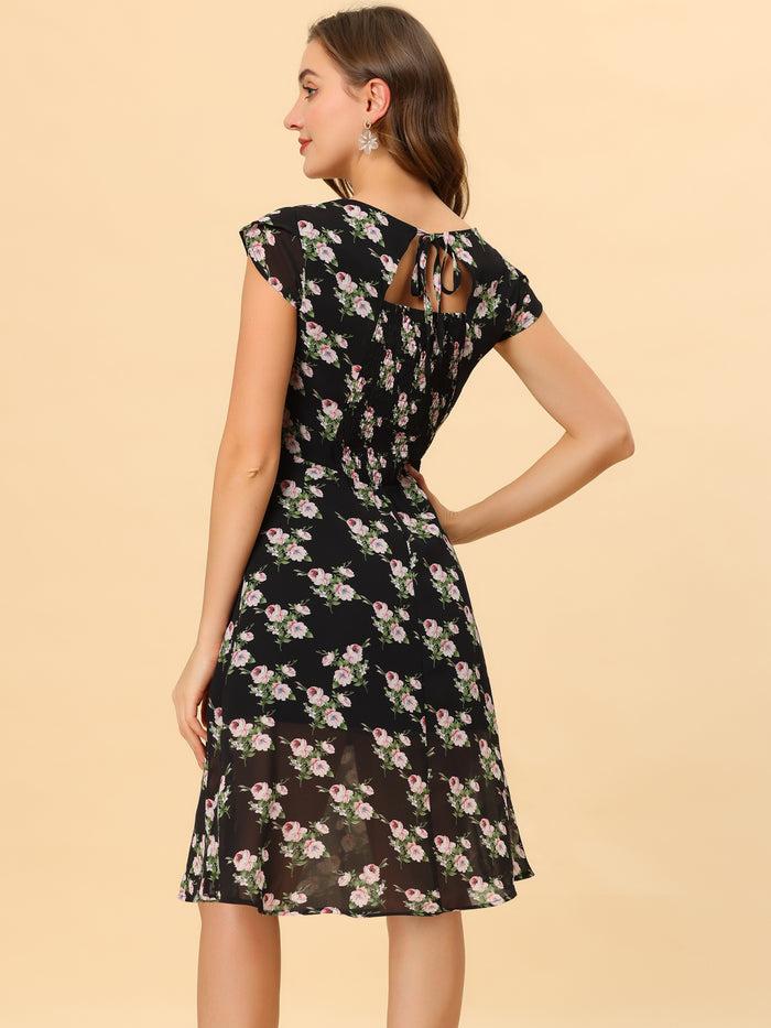Allegra K Smocked Sweetheart Cap Sleeve Cinched Floral Chiffon Midi Dress