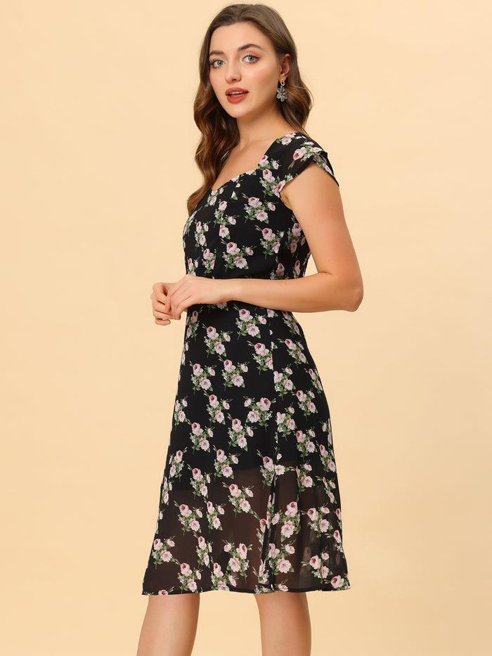 Allegra K Smocked Sweetheart Cap Sleeve Cinched Floral Chiffon Midi Dress