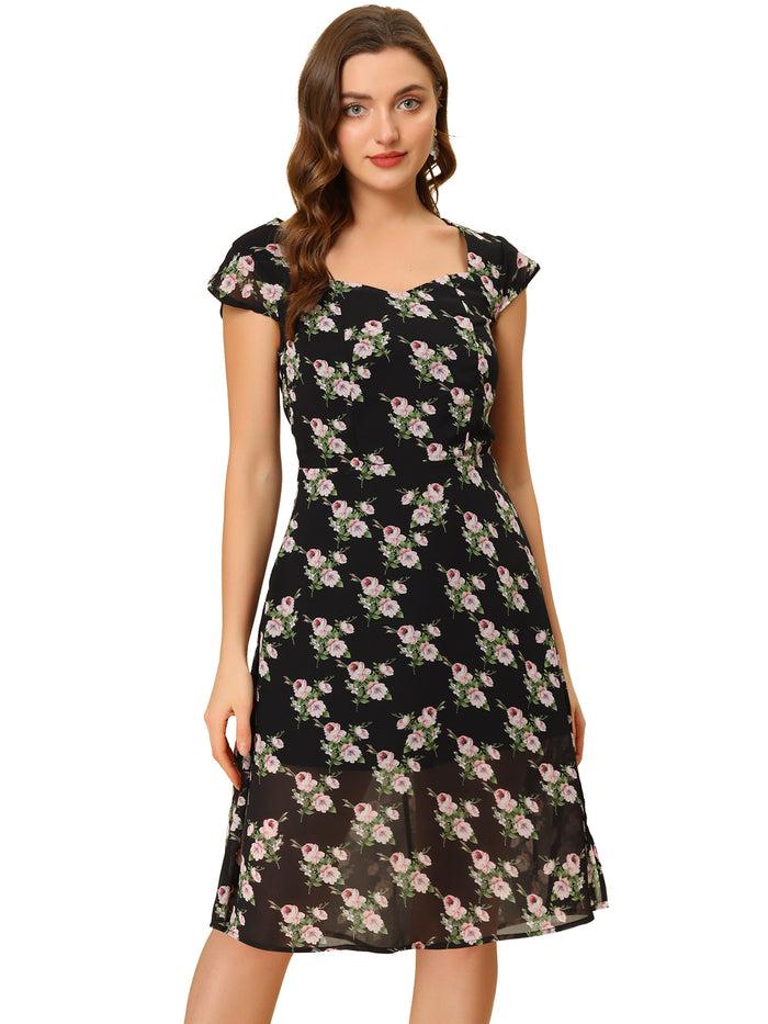 Allegra K Smocked Sweetheart Cap Sleeve Cinched Floral Chiffon Midi Dress