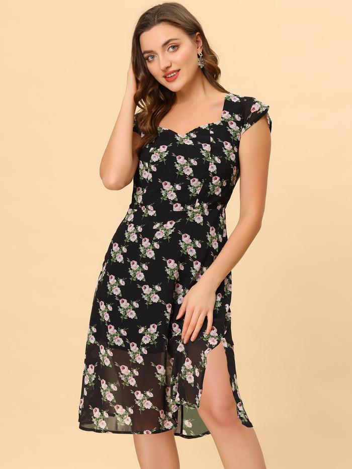 allegra k Smocked Sweetheart Cap Sleeve Cinched Floral Chiffon Midi Dress