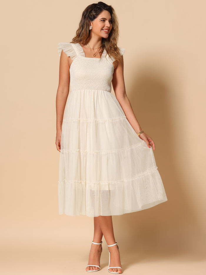Allegra K Smocked Tiered Ruffled Cap Sleeves Midi A-Line Dress