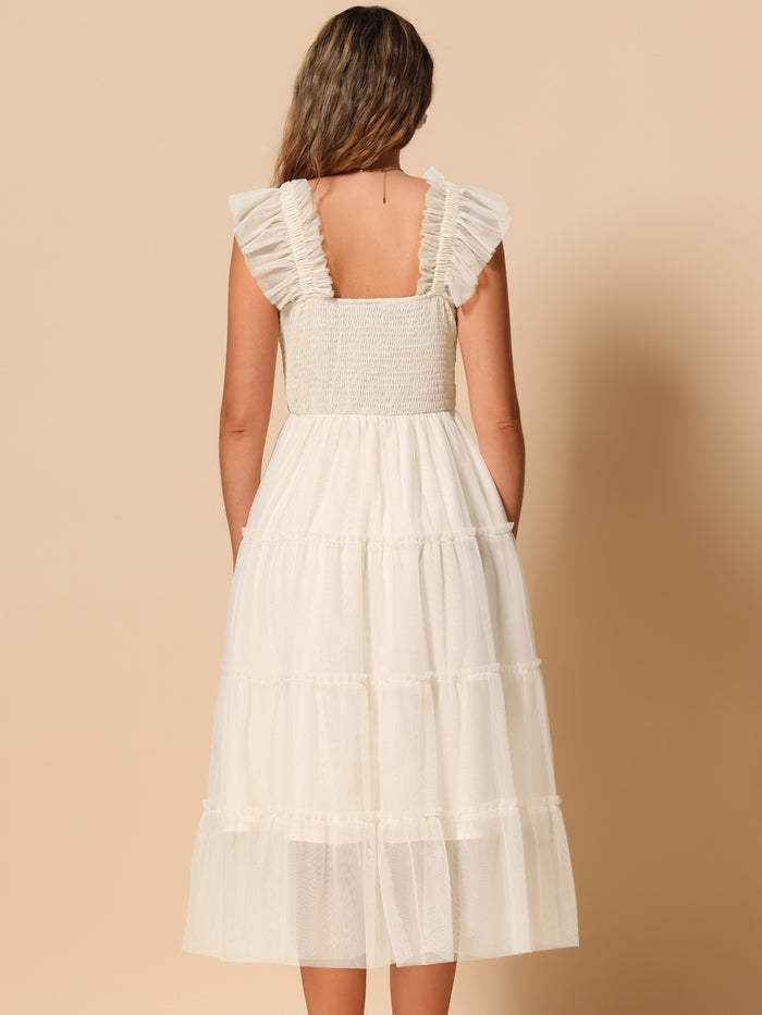 Allegra K Smocked Tiered Ruffled Cap Sleeves Midi A-Line Dress