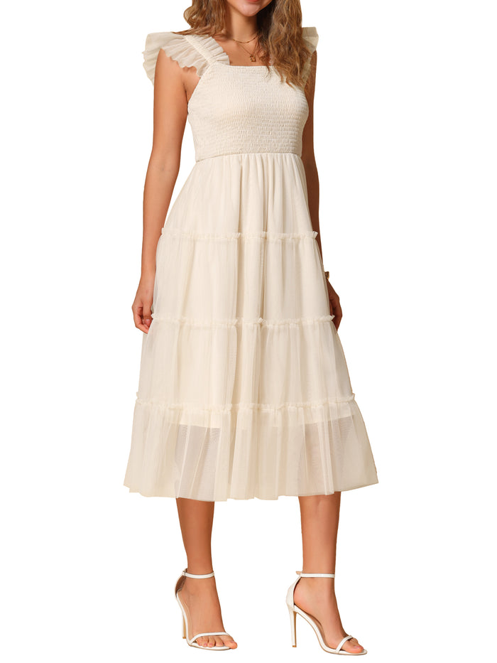 Allegra K Smocked Tiered Ruffled Cap Sleeves Midi A-Line Dress