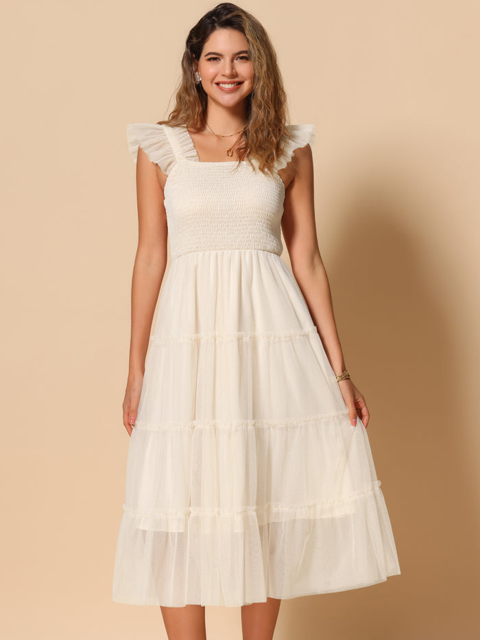 allegra k Smocked Tiered Ruffled Cap Sleeves Midi A-Line Dress