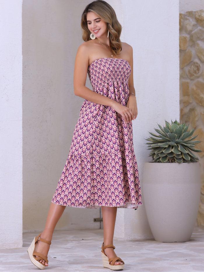 Allegra K Smocked Waist Flowy Swing Boho Floral Dress Skirt