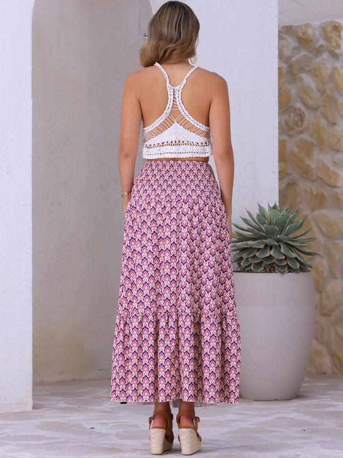 Allegra K Smocked Waist Flowy Swing Boho Floral Dress Skirt