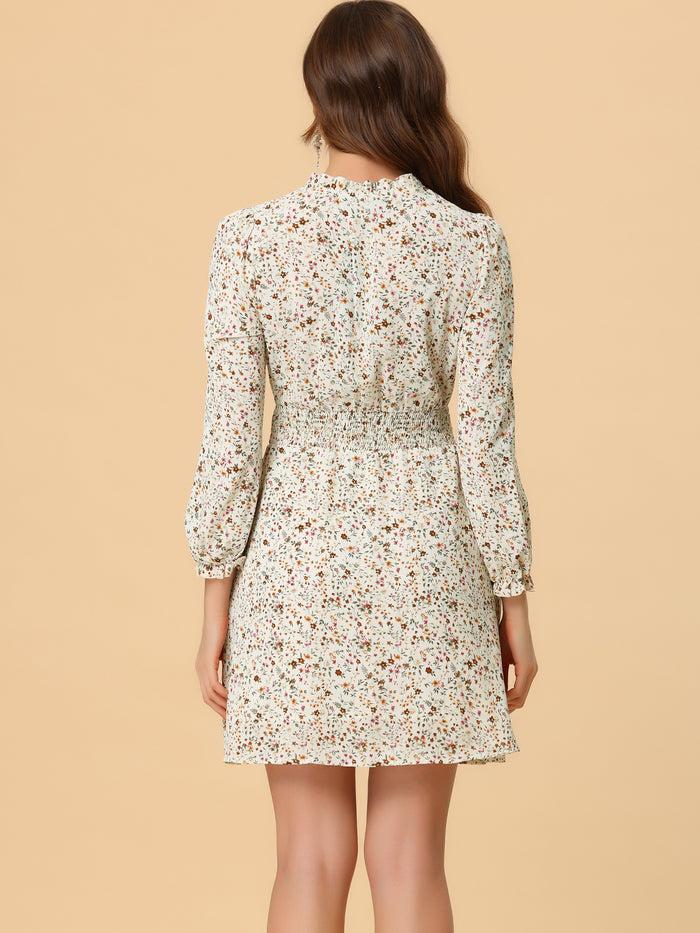 Allegra K Smocked Waist Tie Neck Floral Long Sleeve Dress
