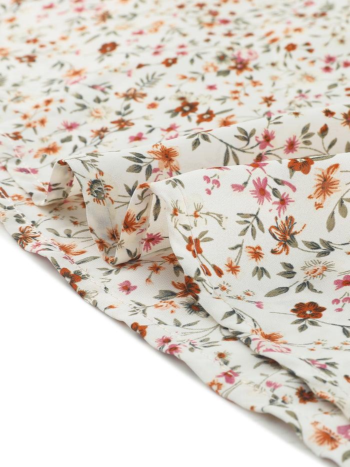 Allegra K Smocked Waist Tie Neck Floral Long Sleeve Dress