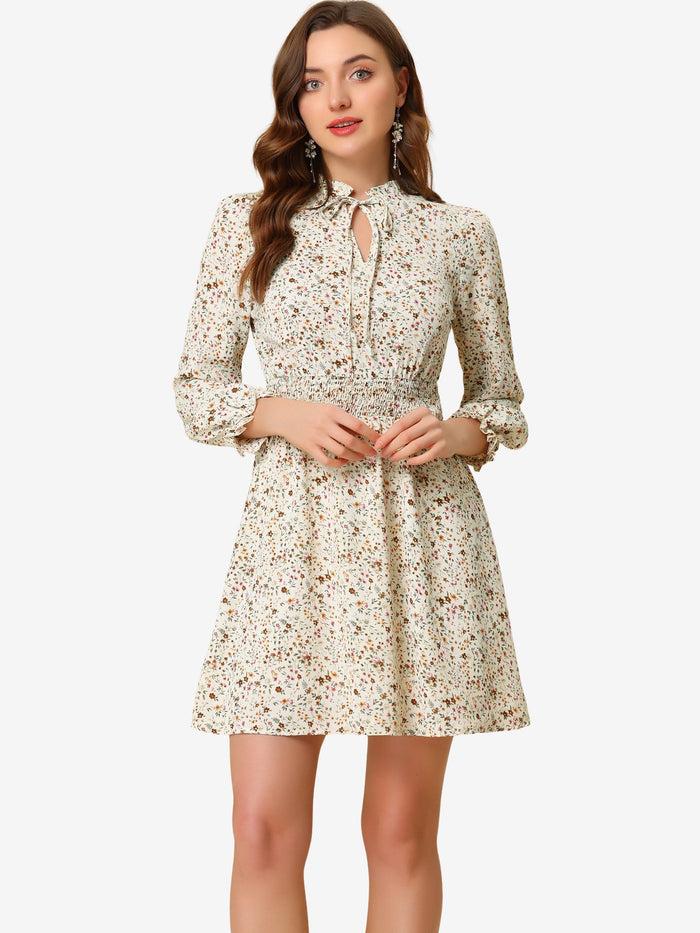 allegra k Smocked Waist Tie Neck Floral Long Sleeve Dress