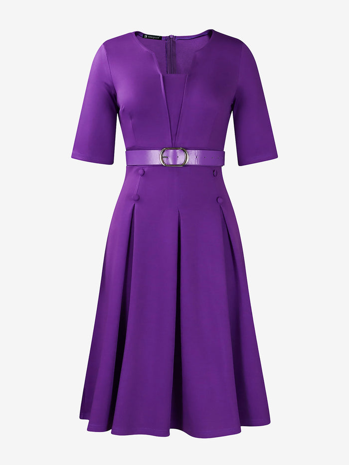 Allegra K Solid Color 3/4 Sleeves Belted Pleated Midi Dress