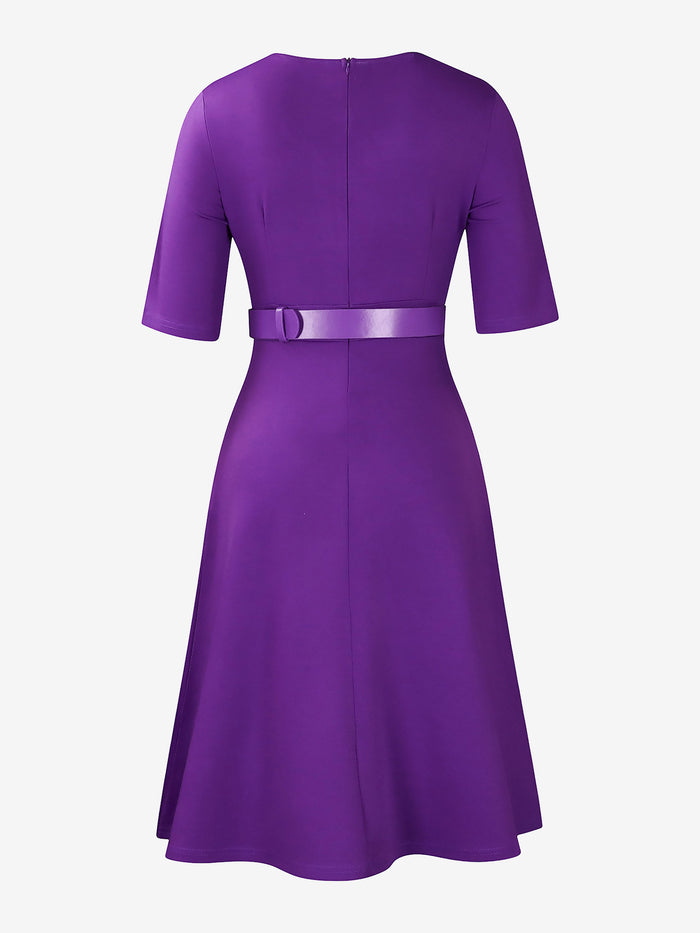 Allegra K Solid Color 3/4 Sleeves Belted Pleated Midi Dress
