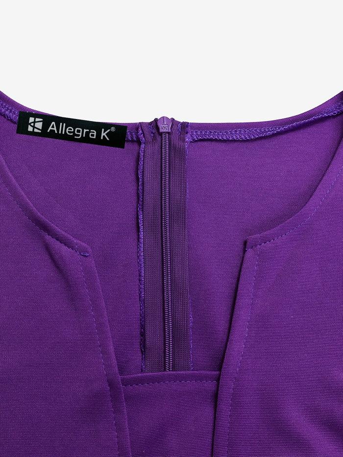 Allegra K Solid Color 3/4 Sleeves Belted Pleated Midi Dress