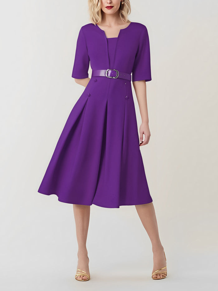 allegra k Solid Color 3/4 Sleeves Belted Pleated Midi Dress