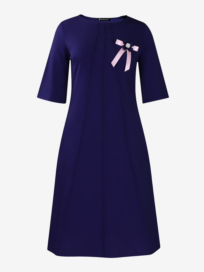 Allegra K Solid Color 3/4 Sleeves Bow Decor Midi Dress