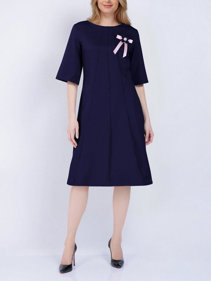 allegra k Solid Color 3/4 Sleeves Bow Decor Midi Dress