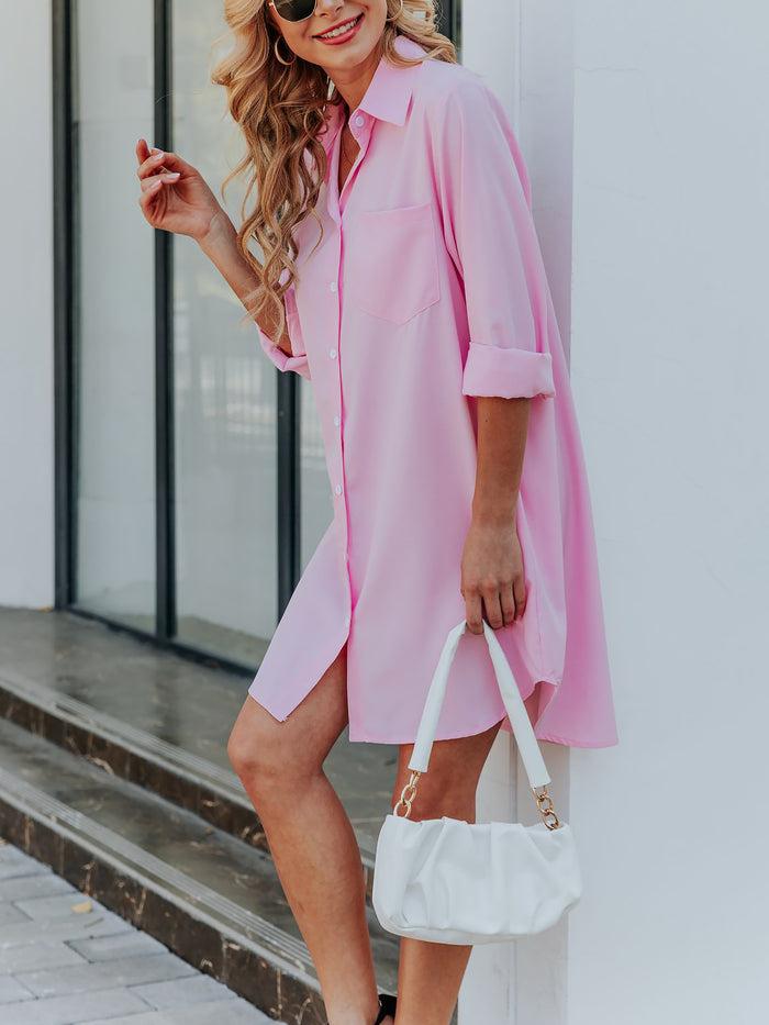 Allegra K Solid Color Buttoned Down Long Sleeves Mini Shirt Dress