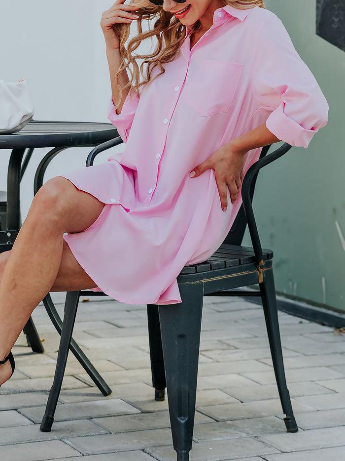 Allegra K Solid Color Buttoned Down Long Sleeves Mini Shirt Dress