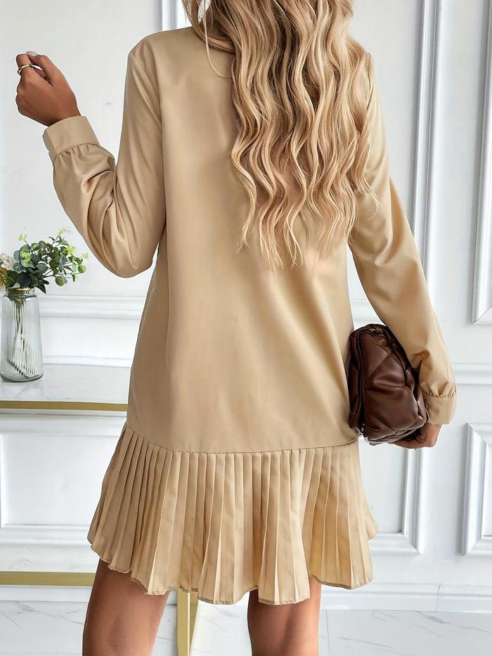 Allegra K Solid Color Collared Pleated Mini Shirt Dress