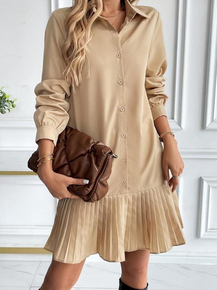 Allegra K Solid Color Collared Pleated Mini Shirt Dress