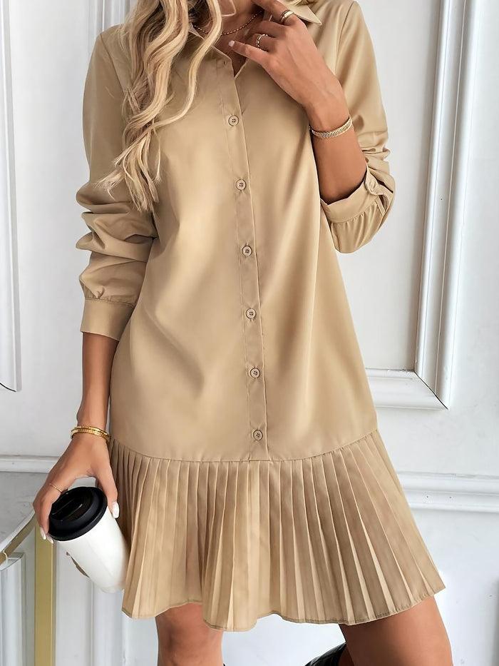 Allegra K Solid Color Collared Pleated Mini Shirt Dress