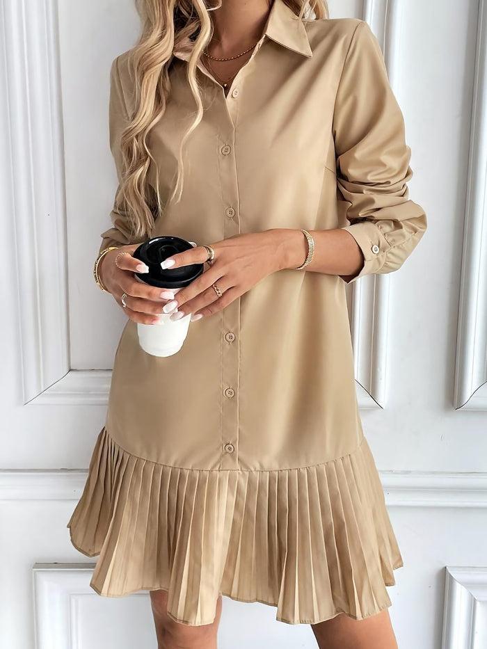 allegra k Solid Color Collared Pleated Mini Shirt Dress