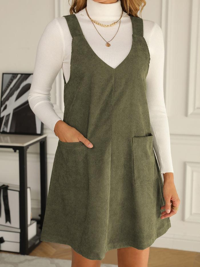 Allegra K Solid Color Corduroy Pocketed Overalls Pinafore Dress