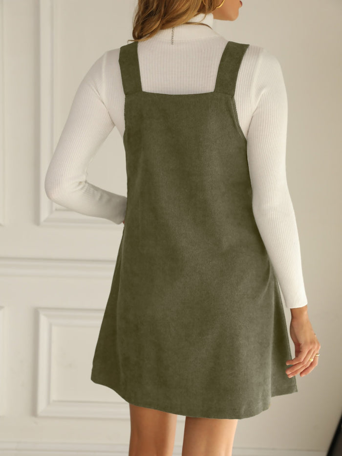 Allegra K Solid Color Corduroy Pocketed Overalls Pinafore Dress