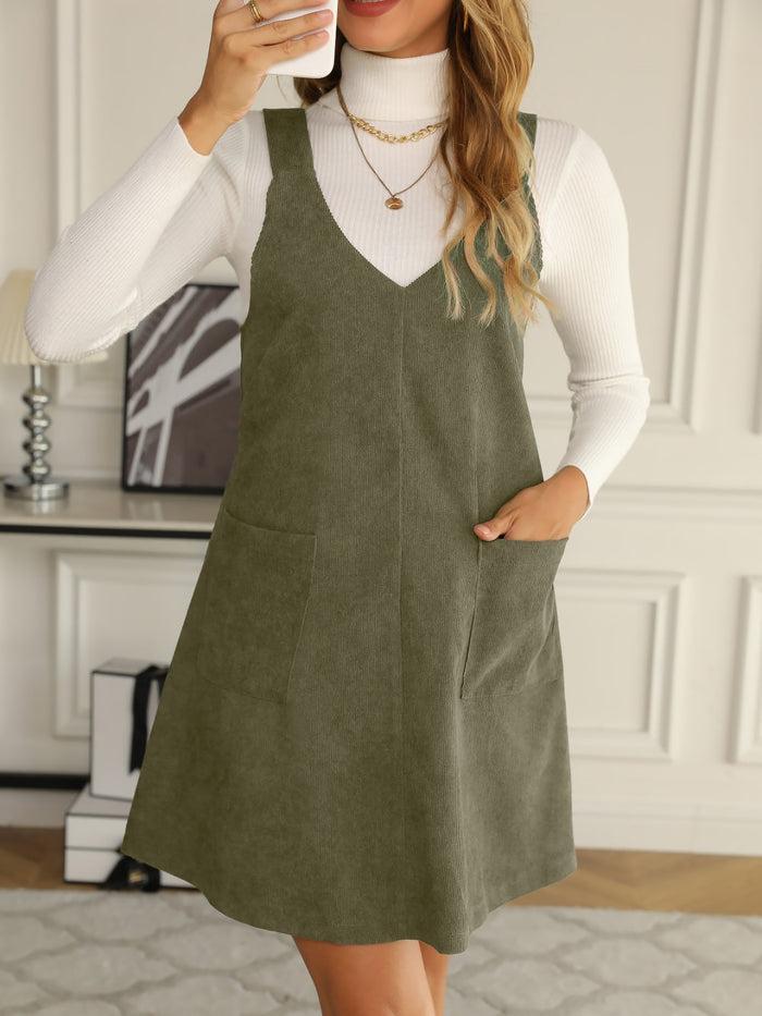 allegra k Solid Color Corduroy Pocketed Overalls Pinafore Dress