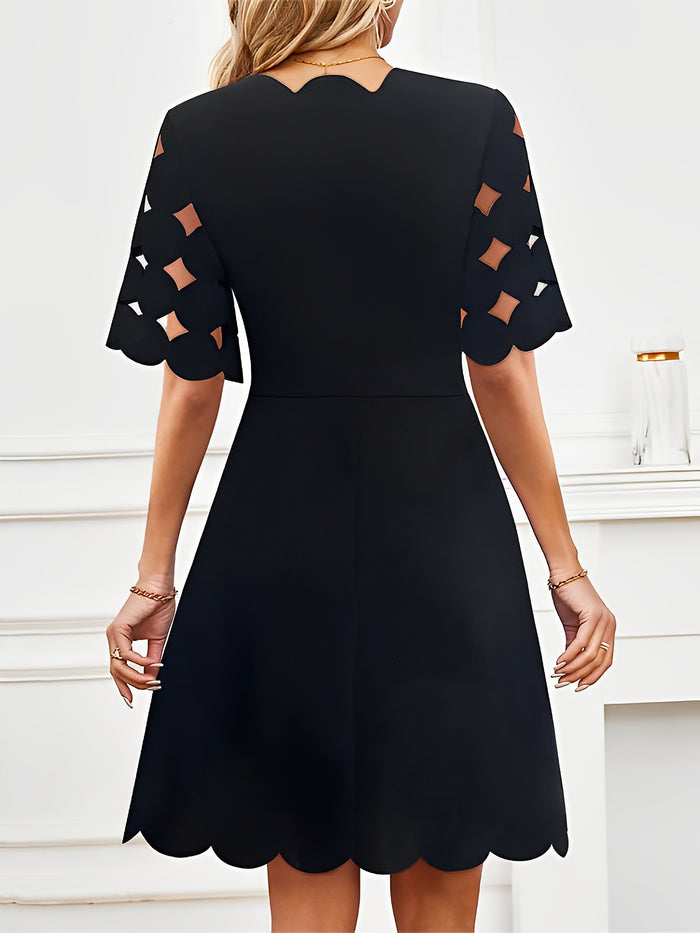 Allegra K Solid Color Hollow Short Sleeve A-Line Midi Dress