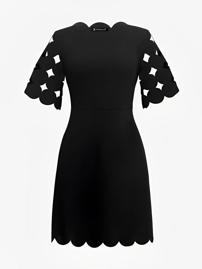 Allegra K Solid Color Hollow Short Sleeve A-Line Midi Dress