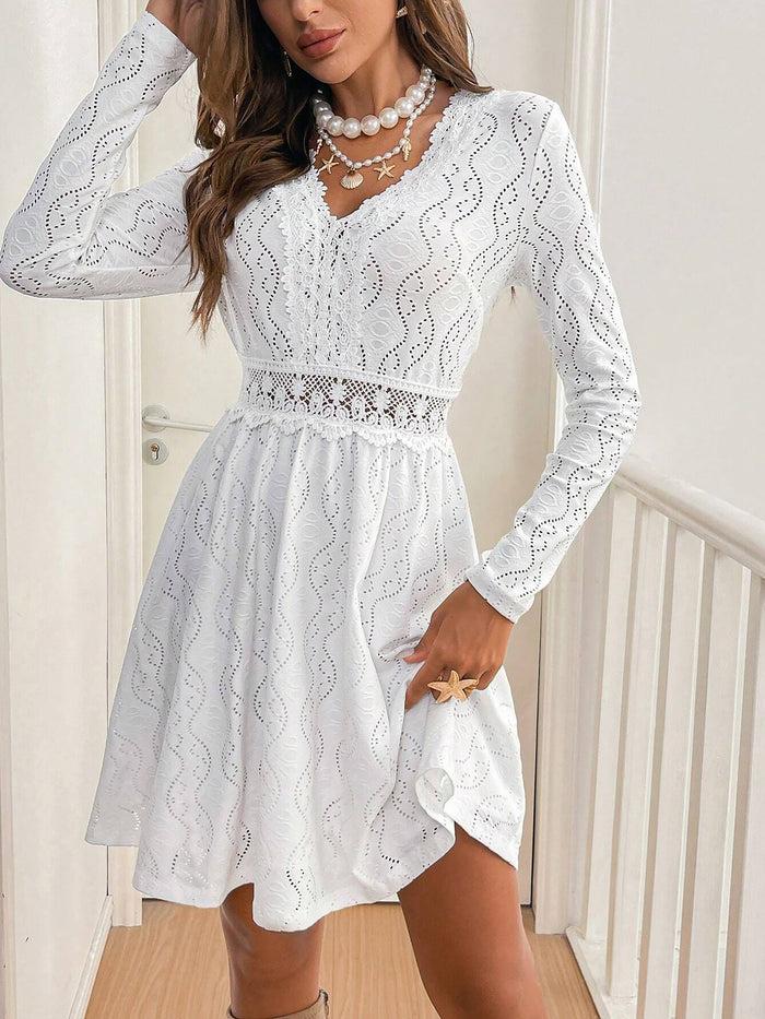 allegra k Solid Color Lace Eyelet Mini Dress Sundress
