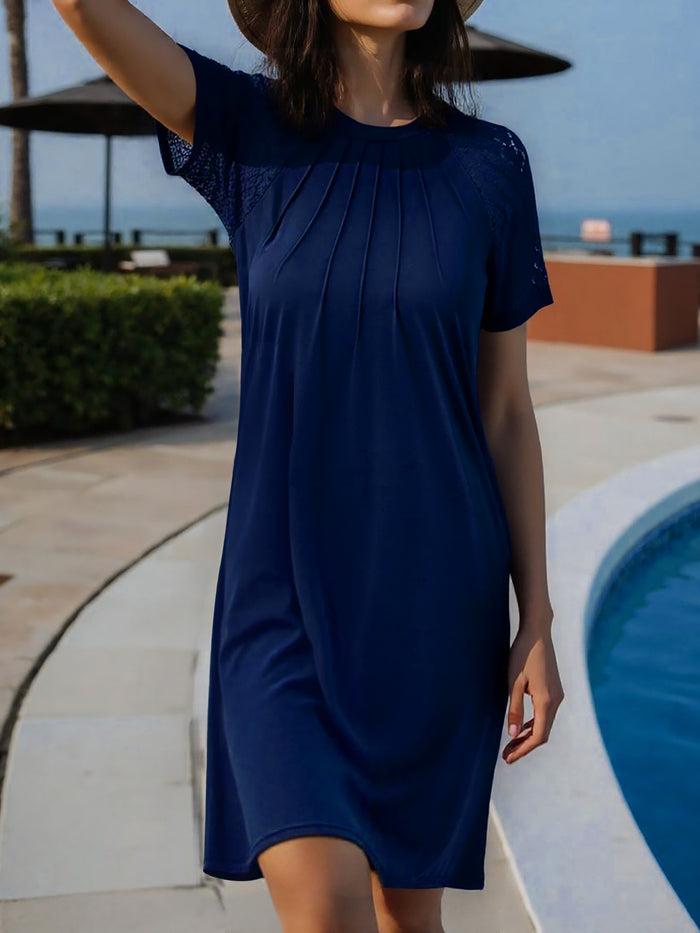 Allegra K Solid Color Lace Short Sleeve Round Neck Midi Dress