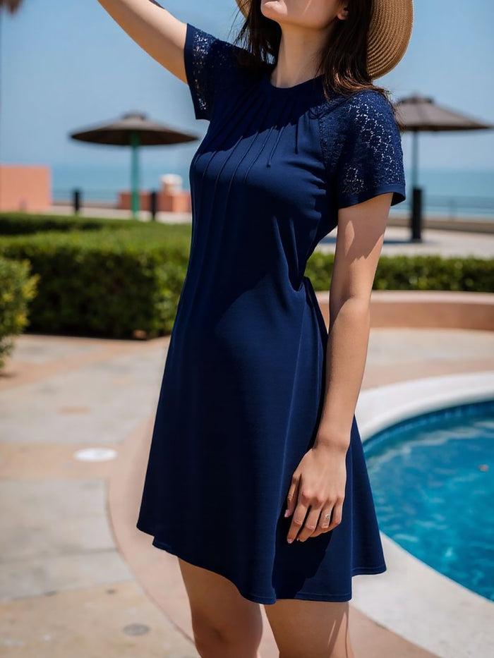 allegra k Solid Color Lace Short Sleeve Round Neck Midi Dress