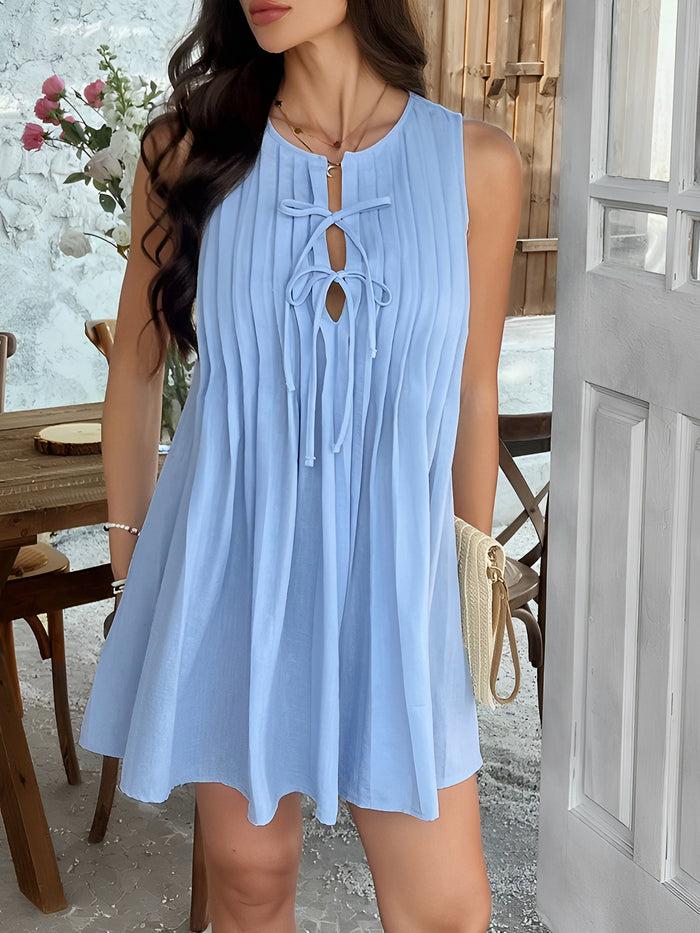 Allegra K Solid Color Lace-Up Pleated Sleeveless Mini Dress
