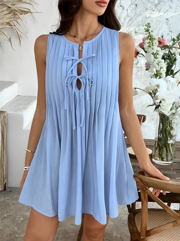 Allegra K Solid Color Lace-Up Pleated Sleeveless Mini Dress