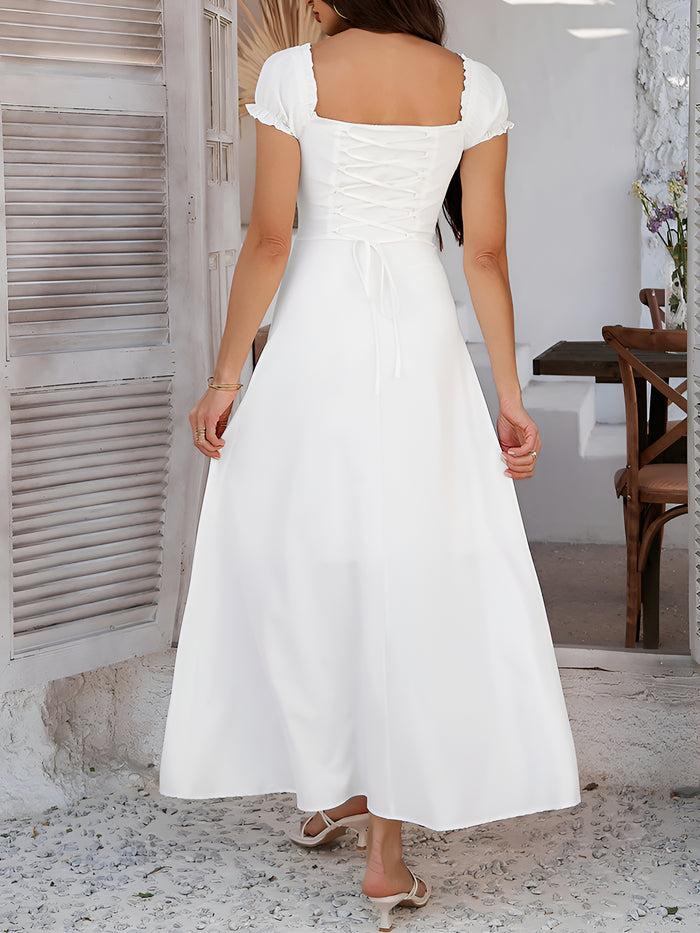 Allegra K Solid Color Lace-Up Puff Sleeve Maxi Dress