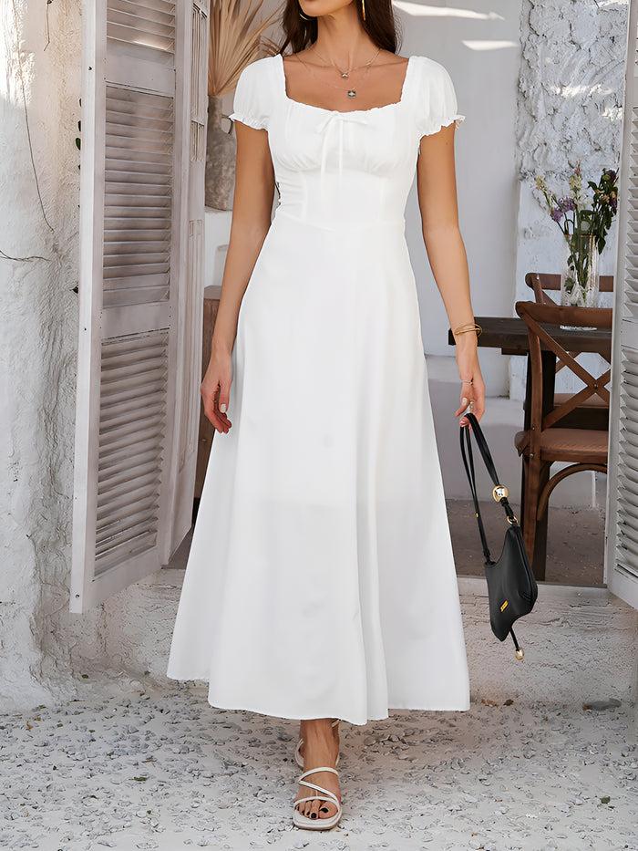 Allegra K Solid Color Lace-Up Puff Sleeve Maxi Dress