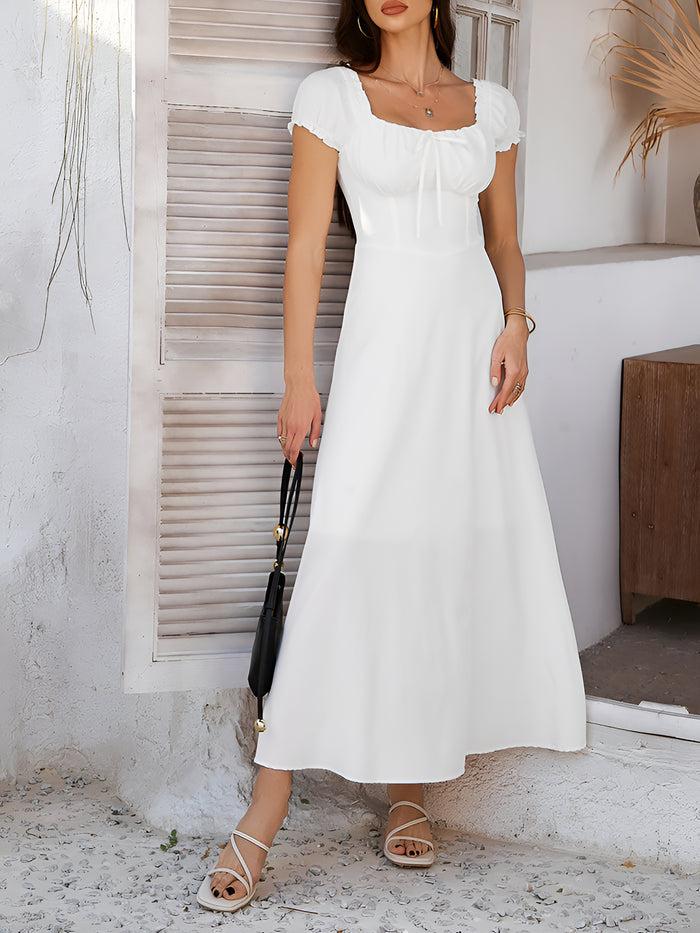 Allegra K Solid Color Lace-Up Puff Sleeve Maxi Dress