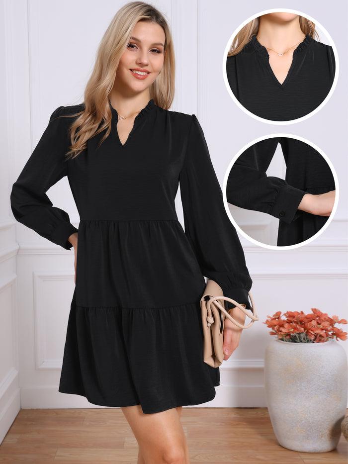 Allegra K Solid Color Long Sleeves Babydoll Tiered Dress