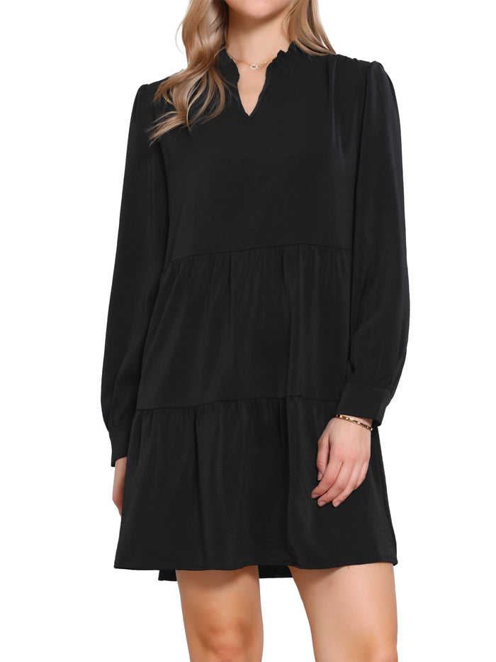Allegra K Solid Color Long Sleeves Babydoll Tiered Dress