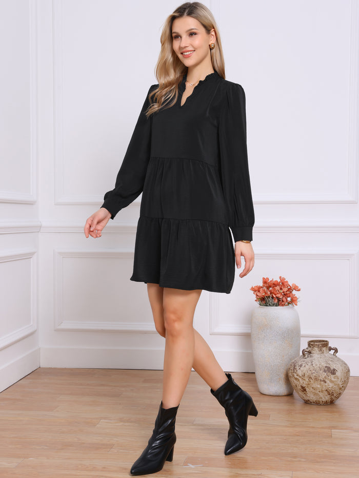 allegra k Solid Color Long Sleeves Babydoll Tiered Dress