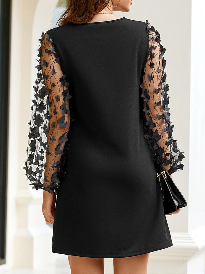 Allegra K Solid Color Mesh Butterfly Lantern Sleeve Mini Dress