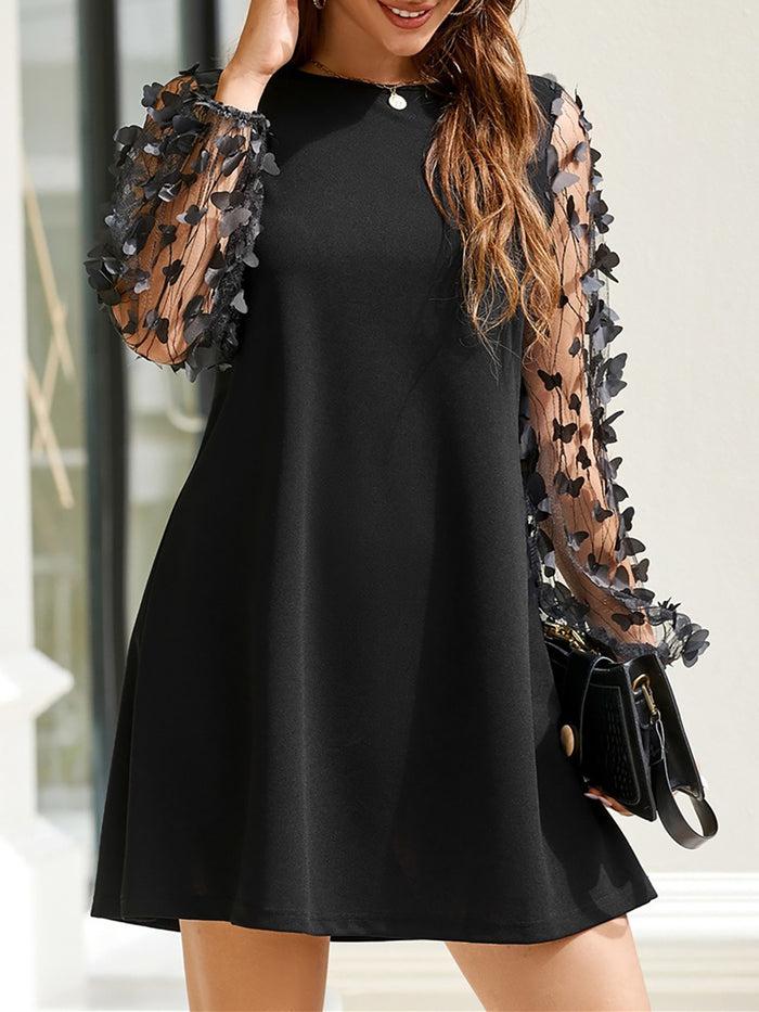 Allegra K Solid Color Mesh Butterfly Lantern Sleeve Mini Dress
