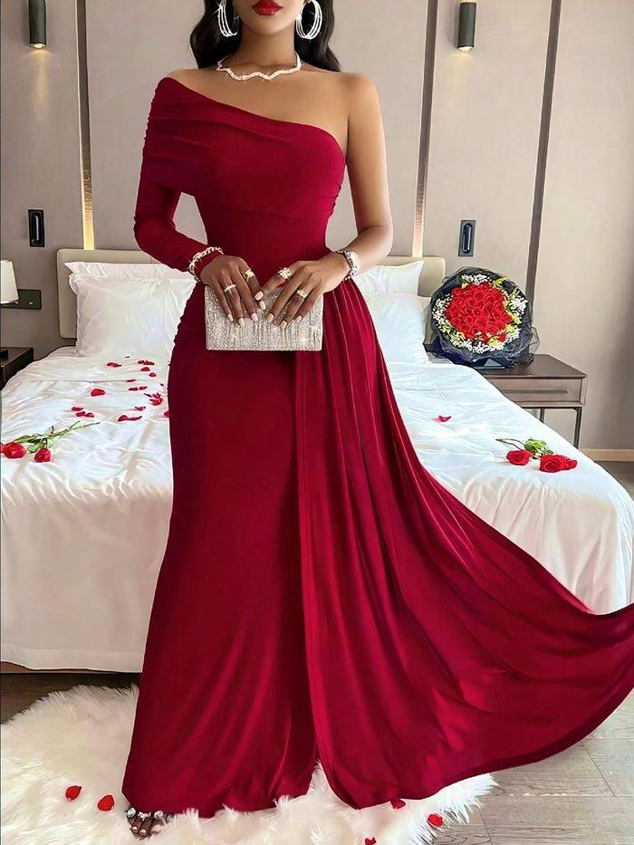 allegra k Solid Color One Shoulder Bodycon Maxi Cocktail Dress